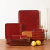 image:imageVicrays Ceramic 18 Pieces Square Dinnerware Set  Dinner Plates Salad Plates Cereal Bowls Set Service for 6  Scratch Resistant Microwave Oven Dishwasher Safe  GreenCherry Red