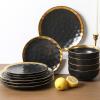 image:imagevicrays Ceramic Dessert Salad Plates 8 Inch Microwave Oven and Dishwasher Safe Round Porcelain Fluted Suitable for Snacks Appetizer Home Party Restaurant  Set of 6 RedBlack with Golden