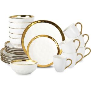 image:image24Piece Ceramic Dinnerware Set for 6 Ceramic Dinner Plates Salad Plates Bowls Set Coffee Mug Set Dishwasher Safe Not Microwave or Oven Safe Scratch Resistant Party White with Golden