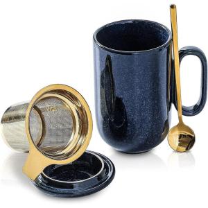 image:imageCeramic Tea Cup Mug Infuser  VICRAYS Large 16 oz Hot Loose Steeping Handle Teacup with Leaf Infuser Spoon Lid  Blue Tall Glazed Strainer Coffee Mug Microwave Safe  BlueBlue