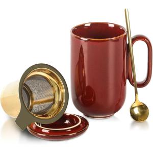 image:imageCeramic Tea Cup Mug Infuser  VICRAYS Large 16 oz Hot Loose Steeping Handle Teacup with Leaf Infuser Spoon Lid  Blue Tall Glazed Strainer Coffee Mug Microwave Safe  BlueCherry Red