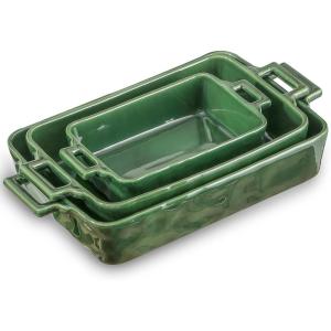image:imageVICRAYS Ceramic Bakeware Set Porcelain Rectangular Baking Dish Baking Pan Lasagna Pans Casserole Dish Set for Cooking Kitchen Cake Dinner Banquet and Daily Use 3 PCS 15 x 85 Inches RedGreen