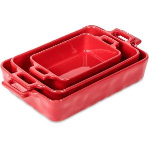 image:imageVICRAYS Ceramic Bakeware Set Porcelain Rectangular Baking Dish Baking Pan Lasagna Pans Casserole Dish Set for Cooking Kitchen Cake Dinner Banquet and Daily Use 3 PCS 15 x 85 Inches RedRed