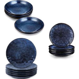 image:imageVicrays 16Piece Kitchen Dinnerware Set Ceramic Fluted Dinner Plates Salad Plates Bowls Set Microwave Oven and Dishwasher Safe Scratch Resistant Suitable for Home Party Restaurant Blue