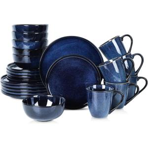 image:imageVicrays 24Piece Kitchen Dinnerware Set Ceramic Flat Dinner Plates Salad Plates Bowls Set Coffee Mug Microwave Oven and Dishwasher Safe Scratch Resistant Suitable for Home Party Blue