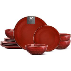 image:imageVicrays Ceramic 12 Pieces Dinnerware Set  Dinner Plates Salad Plates Cereal Bowls Set Service for 4  Scratch Resistant Microwave Oven Dishwasher Safe  Cherry RedCherry Red1
