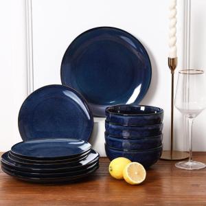 image:imageVicrays Ceramic 12 Pieces Dinnerware Set  Dinner Plates Salad Plates Cereal Bowls Set Service for 4  Scratch Resistant Microwave Oven Dishwasher Safe  Starry blue