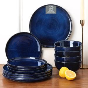 image:imageVicrays Ceramic 12 Pieces Dinnerware Set  Dinner Plates Salad Plates Cereal Bowls Set Service for 4  Scratch Resistant Microwave Oven Dishwasher Safe  Cherry RedBlue