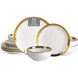 image:imageVicrays Ceramic 12 Pieces Dinnerware Set  Dinner Plates Salad Plates Cereal Bowls Set Service for 4  Scratch Resistant Microwave Oven Dishwasher Safe  Cherry RedWhite with Golden