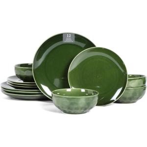 image:imageVicrays Ceramic 12 Pieces Dinnerware Set  Dinner Plates Salad Plates Cereal Bowls Set Service for 4  Scratch Resistant Microwave Oven Dishwasher Safe  Cherry RedShallow Green