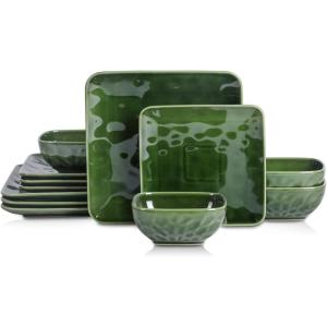 image:imageVicrays Ceramic 18 Pieces Square Dinnerware Set  Dinner Plates Salad Plates Cereal Bowls Set Service for 6  Scratch Resistant Microwave Oven Dishwasher Safe  GreenGreen