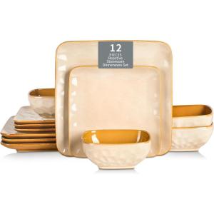 image:imageVicrays Ceramic 18 Pieces Square Dinnerware Set  Dinner Plates Salad Plates Cereal Bowls Set Service for 6  Scratch Resistant Microwave Oven Dishwasher Safe  GreenBeige