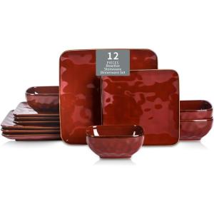 image:imageVicrays Ceramic 18 Pieces Square Dinnerware Set  Dinner Plates Salad Plates Cereal Bowls Set Service for 6  Scratch Resistant Microwave Oven Dishwasher Safe  GreenCherry Red