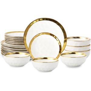 image:imagevicrays 18Piece Kitchen Dinnerware Set Ceramic Dinner Plates Salad Plates Bowls Set Coffee Mug Set Dishwasher Safe Not Microwave or Oven Safe Scratch Resistant Party  White with Golden