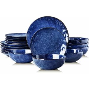 image:imagevicrays 18Piece Kitchen Dinnerware Set Ceramic Fluted Dinner Plates Salad Plates Bowls Set Microwave Oven and Dishwasher Safe Scratch Resistant Suitable for Home Party Restaurant Blue