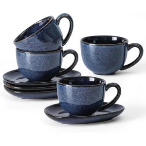 image:imagevicrays 65 oz Cappuccino Cups with Saucers Set of 4 Ceramic Coffee Cup for Au Lait Double shot Latte Cafe Mocha Tea Starry BlueBlue