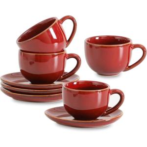 image:imagevicrays 65 oz Cappuccino Cups with Saucers Set of 4 Ceramic Coffee Cup for Au Lait Double shot Latte Cafe Mocha Tea Starry BlueCherry Red