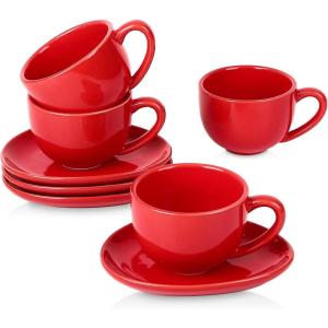 image:imagevicrays 65 oz Cappuccino Cups with Saucers Set of 4 Ceramic Coffee Cup for Au Lait Double shot Latte Cafe Mocha Tea Starry BlueScarlet Red