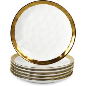image:imagevicrays Ceramic Dessert Salad Plates 8 Inch Microwave Oven and Dishwasher Safe Round Porcelain Fluted Suitable for Snacks Appetizer Home Party Restaurant  Set of 6 RedWhite with Golden