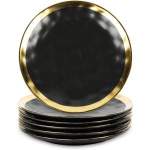 image:imagevicrays Ceramic Dessert Salad Plates 8 Inch Microwave Oven and Dishwasher Safe Round Porcelain Fluted Suitable for Snacks Appetizer Home Party Restaurant  Set of 6 RedBlack with Golden