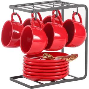 image:imagevicrays Ceramic Espresso Coffee Cups Set 4 oz Porcelain Espresso Cups with Saucers Spoons and Metal Stand for Tea Cafe Cappuccino Latte  Set of 6  BlueRed