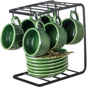 image:imagevicrays Ceramic Espresso Coffee Cups Set 4 oz Porcelain Espresso Cups with Saucers Spoons and Metal Stand for Tea Cafe Cappuccino Latte  Set of 6  BlueGreen