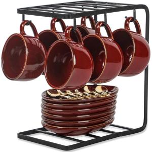 image:imagevicrays Ceramic Espresso Coffee Cups Set 4 oz Porcelain Espresso Cups with Saucers Spoons and Metal Stand for Tea Cafe Cappuccino Latte  Set of 6  BlueCherry Red