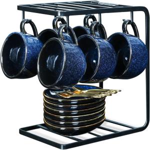 image:imagevicrays Ceramic Espresso Coffee Cups Set 4 oz Porcelain Espresso Cups with Saucers Spoons and Metal Stand for Tea Cafe Cappuccino Latte  Set of 6  BlueBlue
