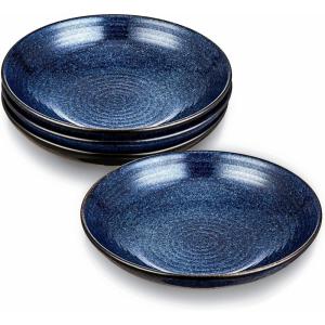 image:imagevicrays Ceramic Pasta Bowls Set 34 Ounce Large Ripple Salad Bowls Wide and Shallow Chip Resistant Dishwasher Microwave Safe stoneware Bowls for Kitchen Serving Bowls Set of 4 BlueStarry Blue