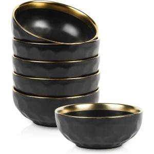 image:imagevicrays Ceramic Salad Bowls Set for Kitchen Serving  32 Ounce Soup Bowls Pasta Bowls Chip Resistant Dishwasher Microwave Safe Large Fluted stoneware Set of 6 RedBlack with Golden