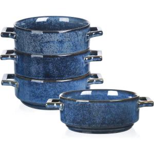 image:imagevicrays Ceramic Soup Bowls with Handles 24 Oz Porcelain Soup Crocks for French Onion Soup Cereal Beef Stew Chill Pasta Pot Pies Microwave and Oven Safe Set of 4 RedBlue