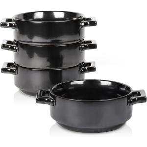 image:imagevicrays Ceramic Soup Bowls with Handles 24 Oz Porcelain Soup Crocks for French Onion Soup Cereal Beef Stew Chill Pasta Pot Pies Microwave and Oven Safe Set of 4 RedBright Black