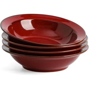 image:imagevicrays Wide Rim Soup Bowls  27oz Ceramic Pasta Plates Bowl Set of 4 for Gumbo Salad Spaghetti Dipping Bread Dishes Home Restaurant Use  Microwave Dishwasher Oven Safe  BlueCherry Red
