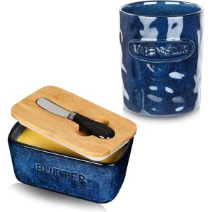 image:imageVicrays 2Piece Ceramic Kitchen Utensil Holder Butter Dish Keeper Container with Knife for Stove Top and Countertop