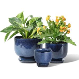 image:imagevicrays Ceramic Plant Pots Indoor  685543 Inch Planter Pot with Drainage Hole and Saucer for Succulent Orchid Flower Herbs Cactus  Gardening Home Desktop Office Decor  Set of 3 Blue