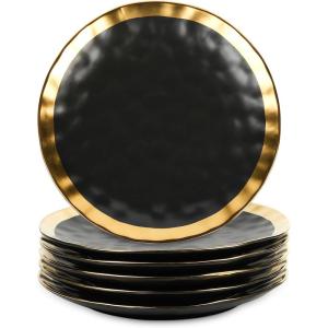image:imagevicrays Ceramic Dinner Plates Set  Porcelain 10 Inch Flat Steak Pasta Pizza Plate Home Party Restaurant Plate Scratch Resistant Microwave Oven and Dishwasher Safe Set of 6 BlueBlack with Golden