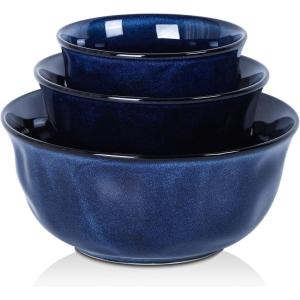 image:imagevicrays Ceramic Mixing Serving Bowl Set Nesting Stoneware Kitchen Decorative Large Bowls for Prepping Baking  Microwave Oven Dishwasher Safe  9757 inch Set of 3 BlueSet of 3