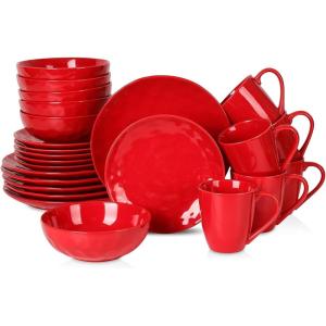 image:image24 Piece Ceramic Dinnerware Set VICRAYS Ceramic Dinner Plates Salad Plates Bowls Set Coffee Mug Set  Microwave amp Dishwasher Safe Scratch Resistant Perfect for Family Gatherings Dining Room Red
