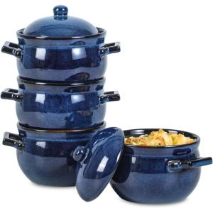 image:imagevicrays French Onion Soup Bowls with Lids and Handles 18 Ounce for Soup Beef Stew Chili Chip Resistant Dishwasher Microwave Safe Set of 4 BlueBlue