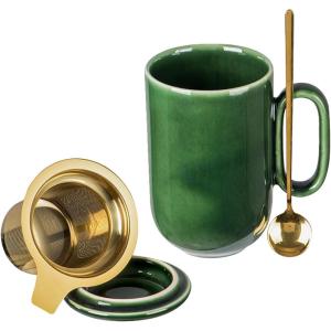 image:imagevicrays Ceramic Tea Mug Infuser  Large Cup 16 oz Hot Loose Steeping Handle Teacup with Leaf Infuser Spoon Lid  Tall Glazed Strainer Coffee Mug Microwave Safe  GreenGreen