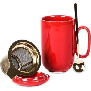 image:imagevicrays Ceramic Tea Mug Infuser  Large Cup 16 oz Hot Loose Steeping Handle Teacup with Leaf Infuser Spoon Lid  Tall Glazed Strainer Coffee Mug Microwave Safe  GreenScarlet Red