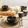 image:imagevicrays Ceramic Salad Bowls Set for Kitchen Serving  32 Ounce Soup Bowls Pasta Bowls Chip Resistant Dishwasher Microwave Safe Large Fluted stoneware Set of 6 BeigeBlack with Golden