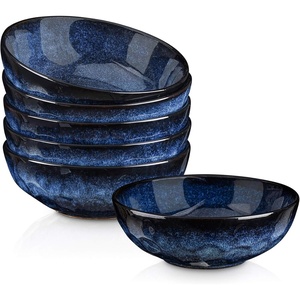 image:imagevicrays Ceramic Salad Bowls Set for Kitchen Serving  32 Ounce Soup Bowls Pasta Bowls Chip Resistant Dishwasher Microwave Safe Large Fluted stoneware Set of 6 BeigeBlue