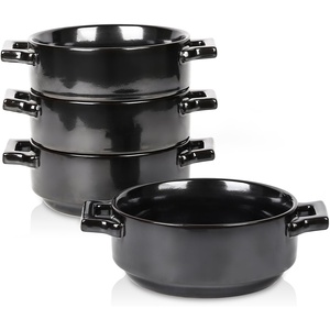 image:imagevicrays Ceramic Soup Bowls with Handles 24 Oz Porcelain Soup Crocks for French Onion Soup Cereal Beef Stew Chill Pasta Pot Pies Microwave and Oven Safe Set of 4 BlueBright Black
