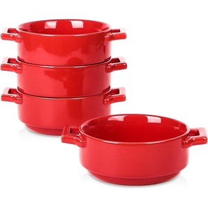 image:imagevicrays Ceramic Soup Bowls with Handles 24 Oz Porcelain Soup Crocks for French Onion Soup Cereal Beef Stew Chill Pasta Pot Pies Microwave and Oven Safe Set of 4 BlueScarlet Red