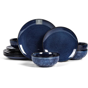 image:imageVicrays Ceramic 24 Pieces Dinnerware Set  Dinner Plates Salad Plates Cereal Bowls Set Service for 8  Scratch Resistant Microwave Oven Dishwasher Safe  Starry BlueShallow Blue