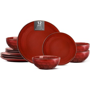 image:imageVicrays Ceramic 24 Pieces Dinnerware Set  Dinner Plates Salad Plates Cereal Bowls Set Service for 8  Scratch Resistant Microwave Oven Dishwasher Safe  Starry BlueCherry Red1