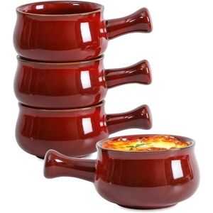 image:imagevicrays French Onion Soup Bowls With Handles 26 Ounce for Soup Chili Beef Stew Chip Resistant Dishwasher Microwave Safe Set of 4 GrayCherry Red
